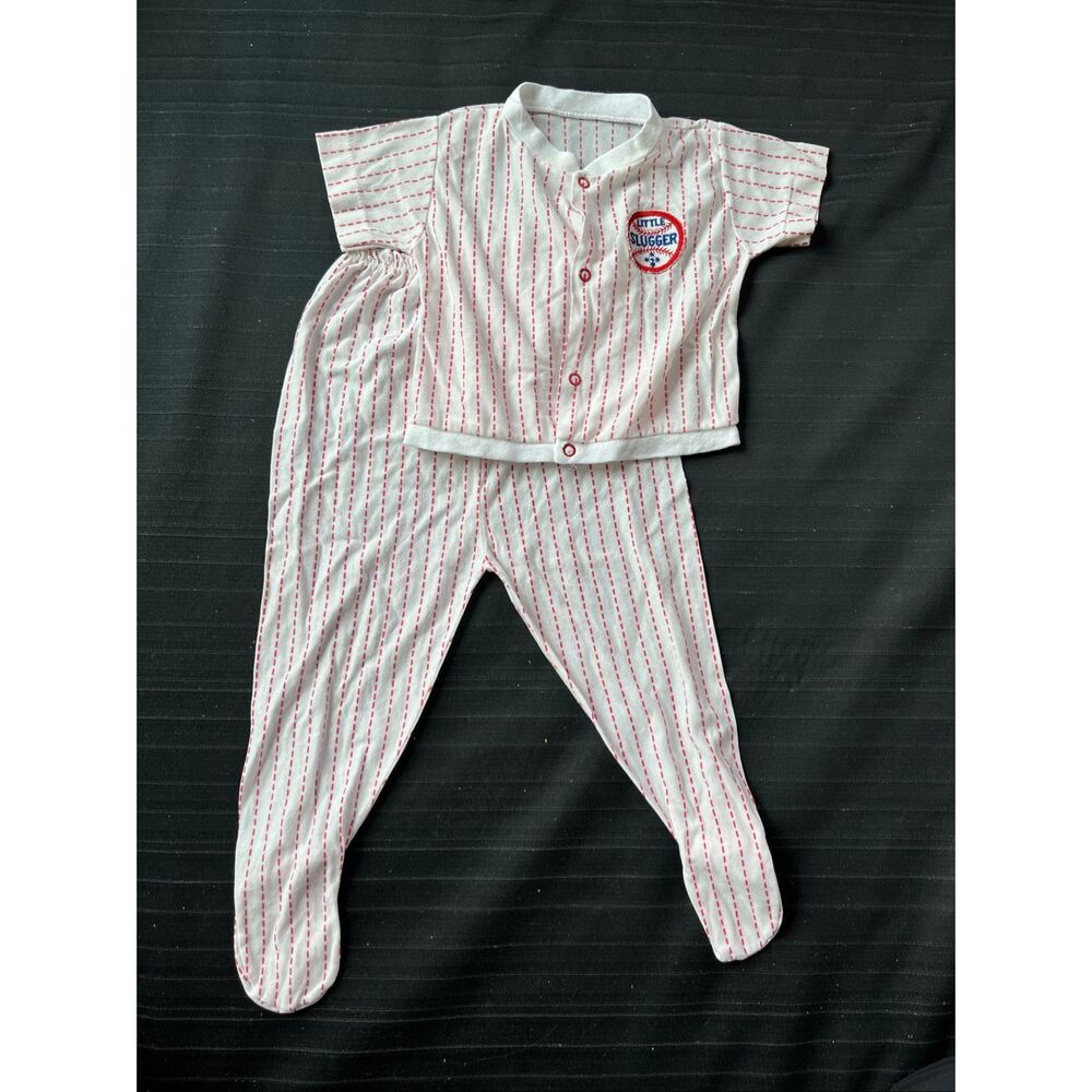 VTG 60s Baby Baseball Set Little Slugger Pinstripe Pajamas Infant 3-6M